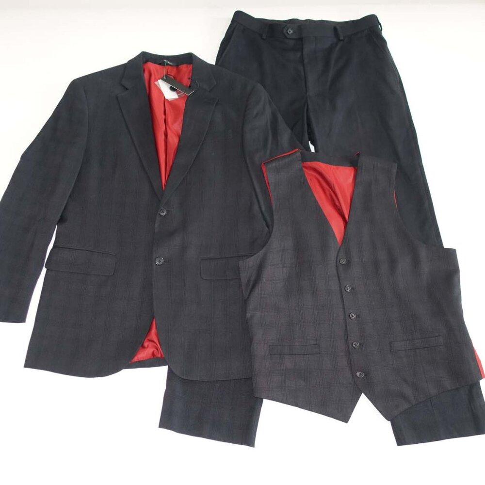 Fubu Men's 3 Piece Suit Size 40 Regular 34 x 32 Black Plaid 2 Button Flat Front